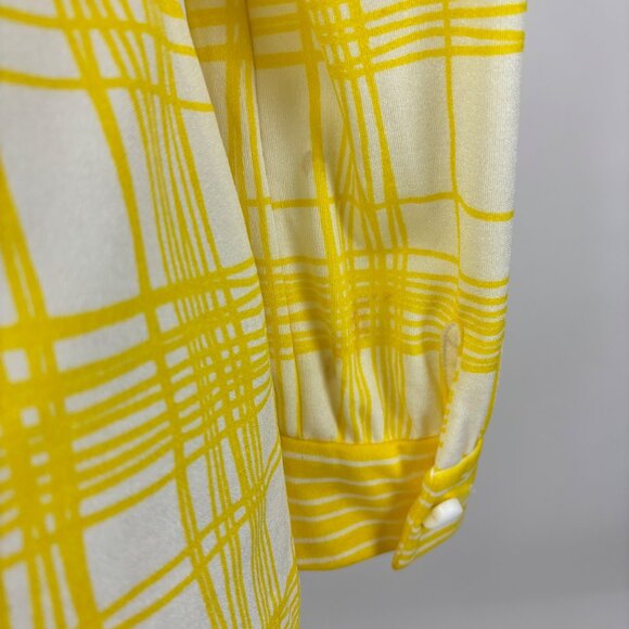 Vintage 60s Yellow Blouse Womens Size XL Heart Buttons Mr. Dino Plaid Long Slv - Picture 8 of 10